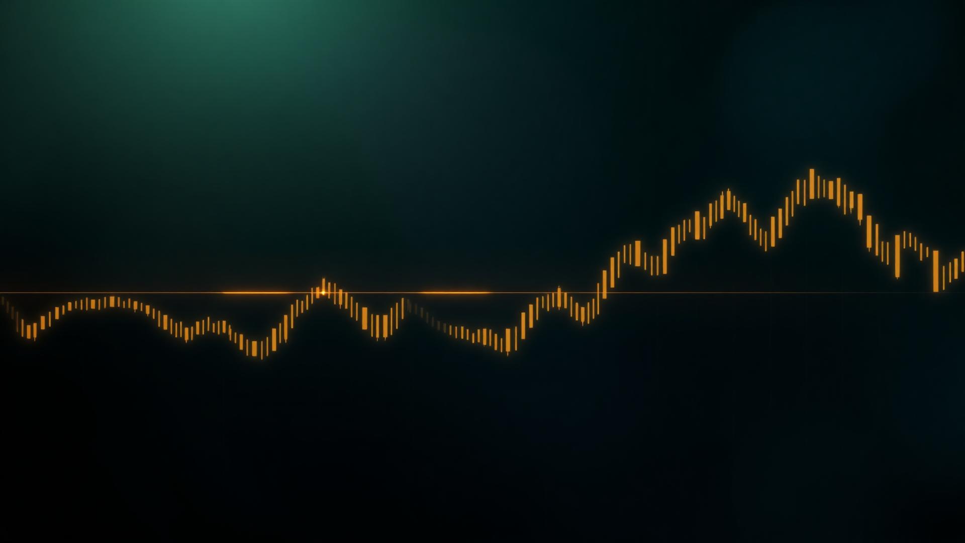 Gráfico financiero de velas sobre fondo verde oscuro